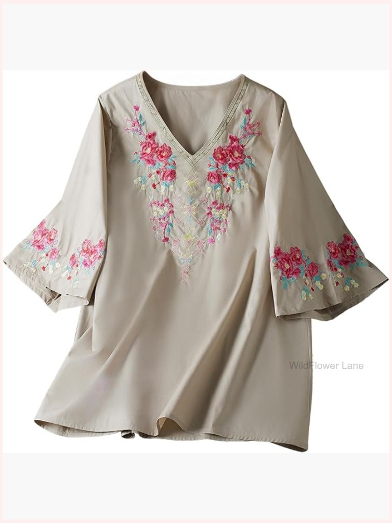 Boho Embroidered Tunic Blouse 3/4 Sleeve V-Neck Peasant Top Summer